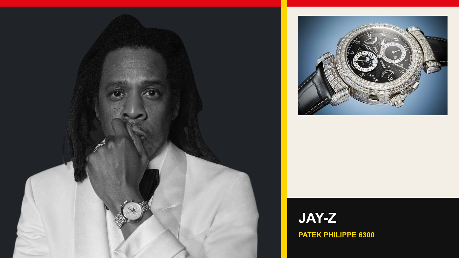 Jay-Z wearing a watch beside a Patek Philippe Grandmaster Chime