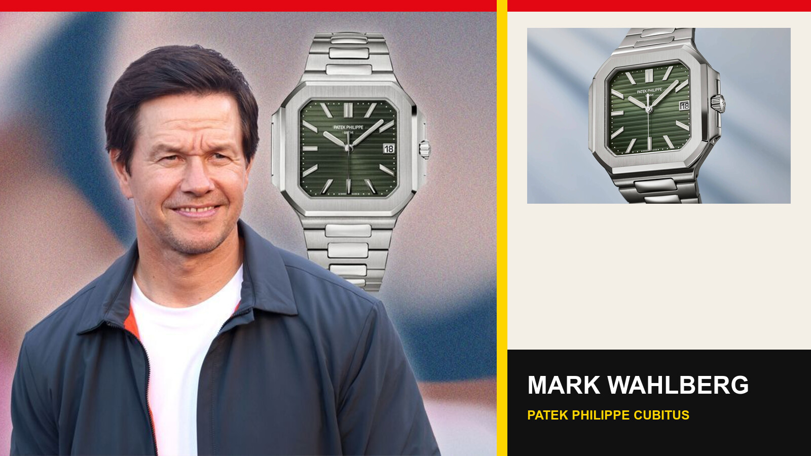 Mark Wahlberg beside a green-dial Patek Philippe Cubitus